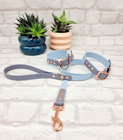 PASTEL BLUE / GREY - Waterproof BioThane© 2-coloured Dog Collar/Lead/Set/Bundle
