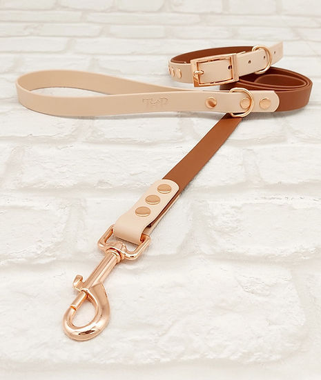 BROWN / POWDER PEARL - Waterproof BioThane© 2-coloured Dog Collar&Lead