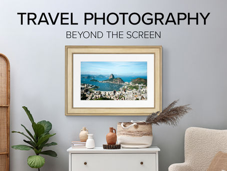 Framed Print of a landscape shot in Brazil above a light-colored dresser with plants and vases.