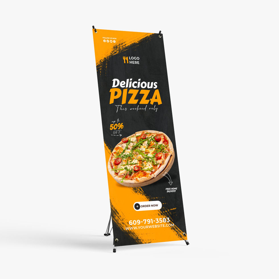 X-banner stand with printed vinyl graphic