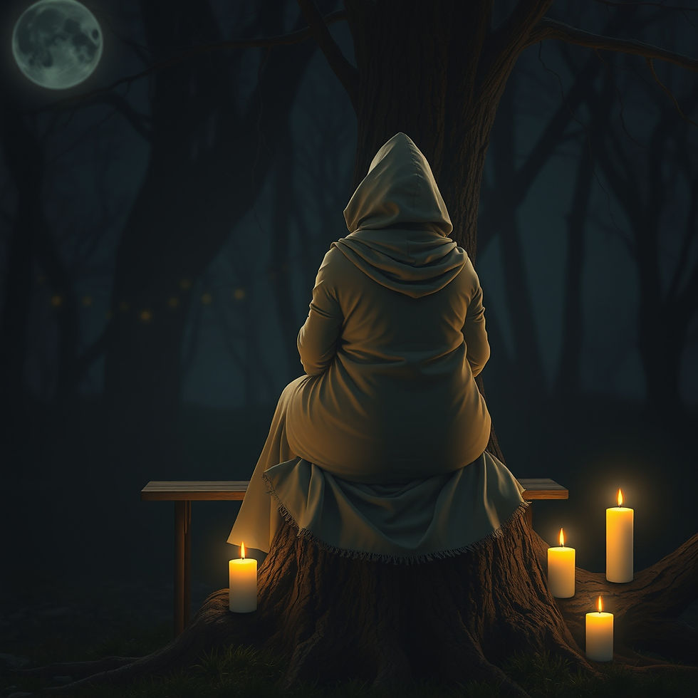 plump, woman hooded figure sitting on a tree trunk at night. Soft, warm candlelight surrou