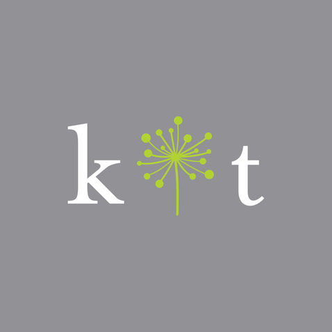 KT Monogram featuring lowercase letters with a green dandelion icon between them on gray background.
