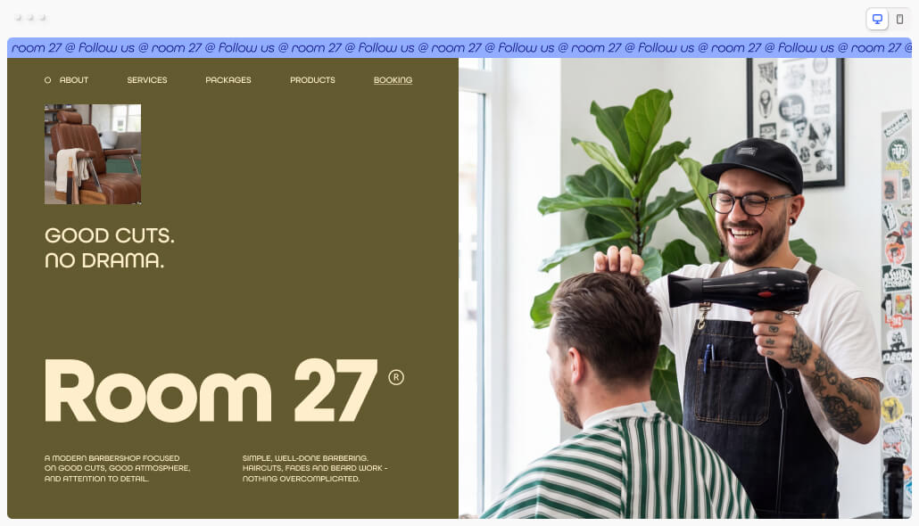 Room 27 barbershop homepage featuring a smiling barber blow-drying a client's hair with the tagline "Good cuts. No drama."
