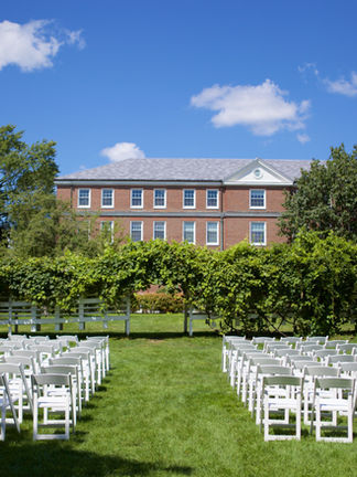 Rows of white chairs inside a grape arbor