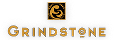 a gold and black square with shapes above the word Grindstone in gold with black outline