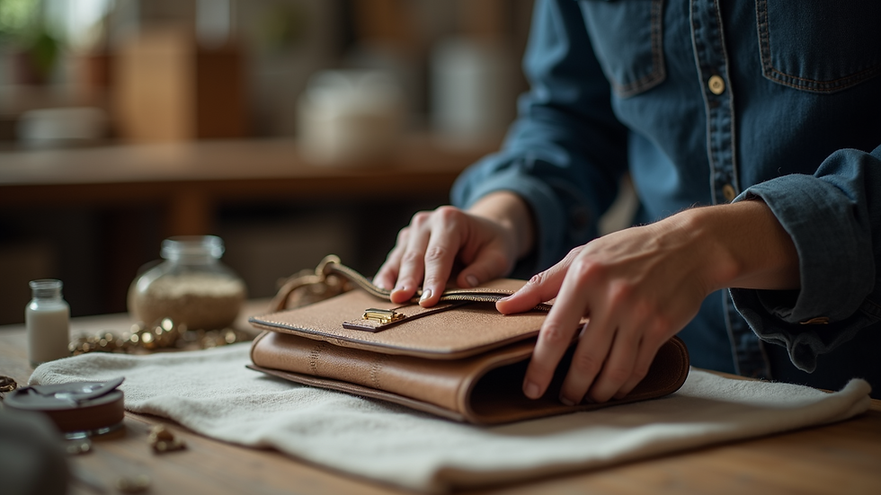 Eye-level view of a luxury handbag being crafted by an artisan