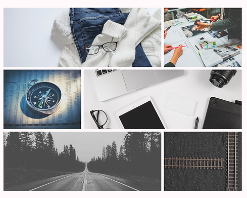 Carly's mood board. It has images of a compass, a railway crossing, a long, foggy road, a desk with tech accessories, clothing, and people collaborating.