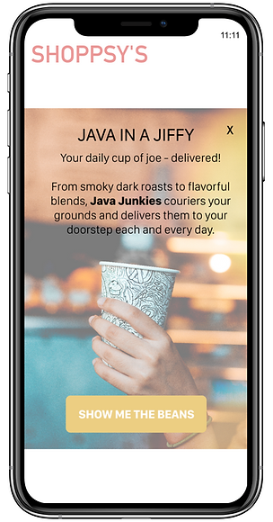 A promotional message in a shopping app advertizes a coffee delivery service.