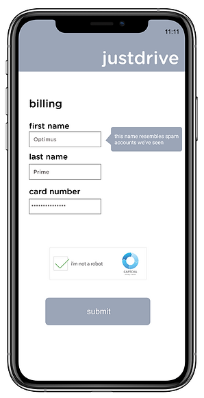 A billing information screen says the user's name resembles spam accounts.