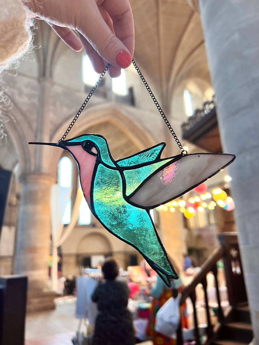Thumbnail: Teal and pink stained glass Hummingbird