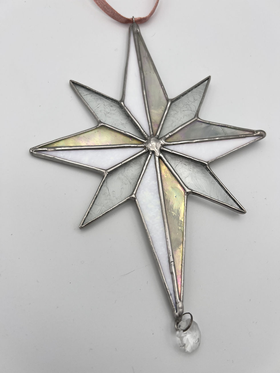 Thumbnail: North Star in Crystal White stained glass with vintage chandelier crystal