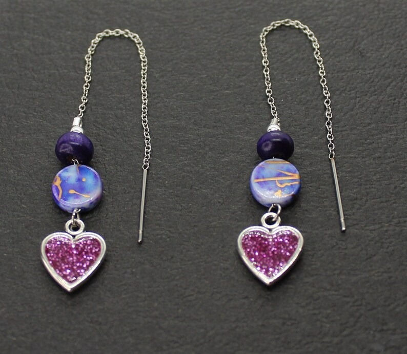 Thumbnail: Purple - Glitter Heart Threader earrings