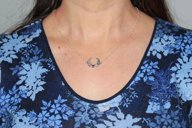 Thumbnail: Rainbow Micro Pave Cubic Zirconia Crescent Moon Double Horn pendant necklace