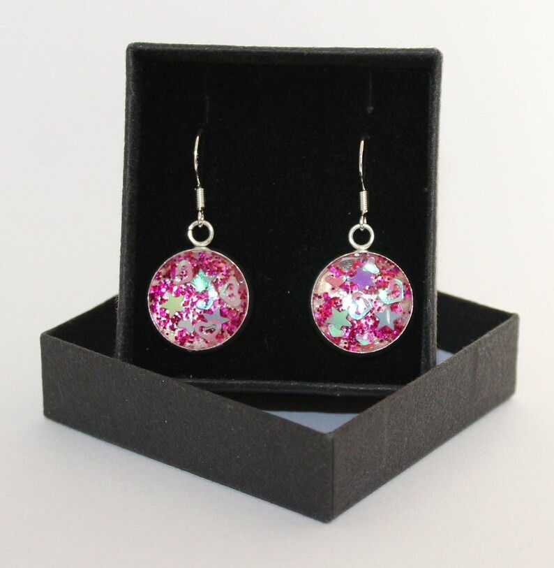 Pink Hearts and Stars Glitter Resin drop earrings