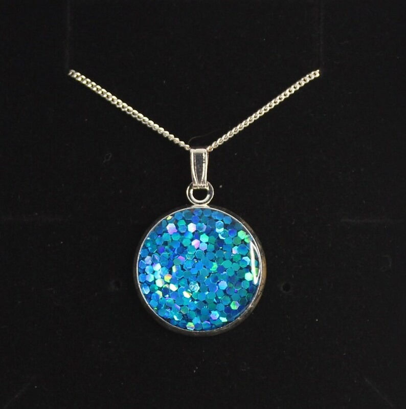 Thumbnail: Bright Blue Glitter Resin pendant necklace
