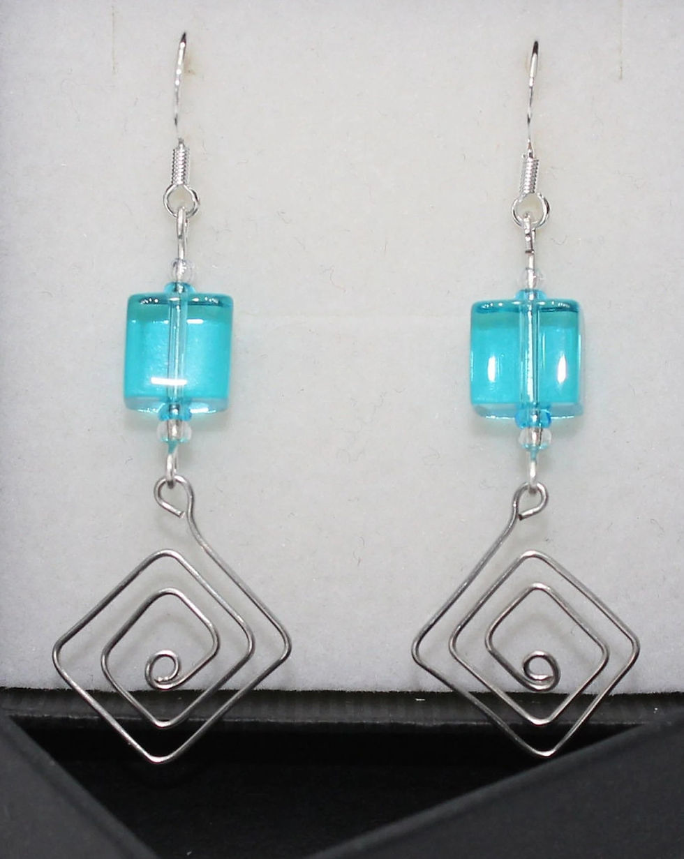 Thumbnail: Turquoise Cube - Wire work Square earrings