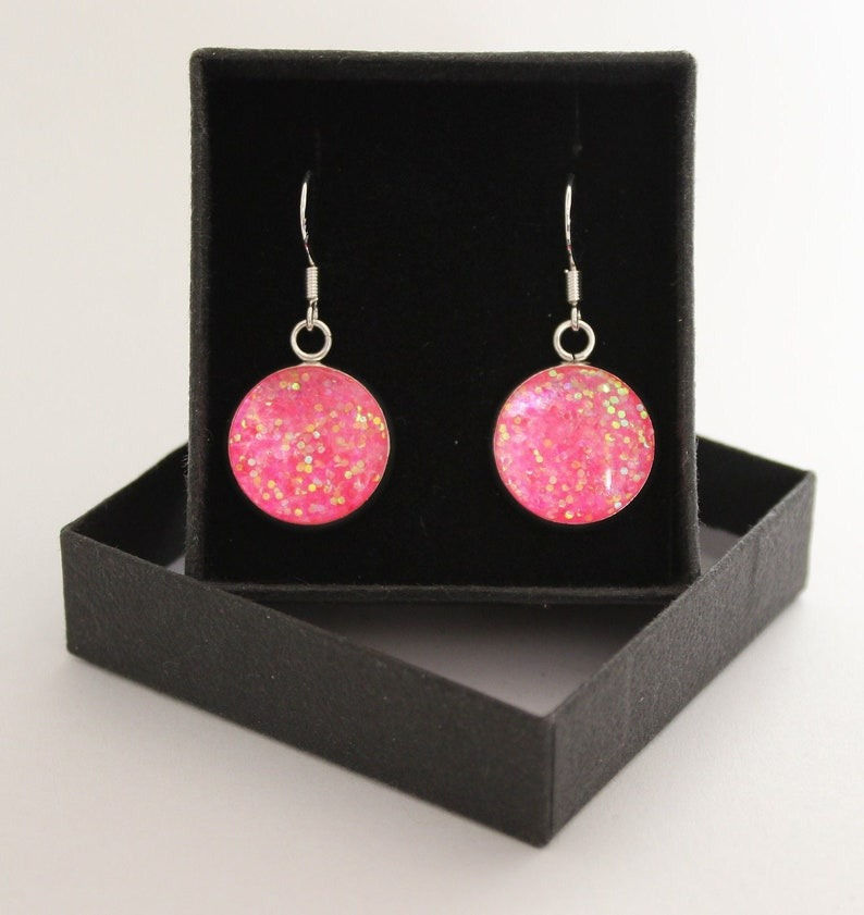 Neon Pink - Glitter Resin drop earrings