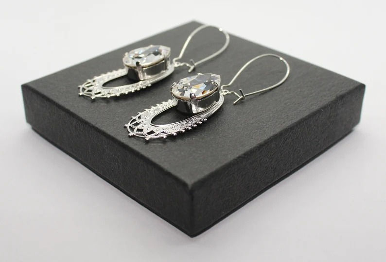 Thumbnail: Pear Crystal Filigree Wire Rhodium drop earrings