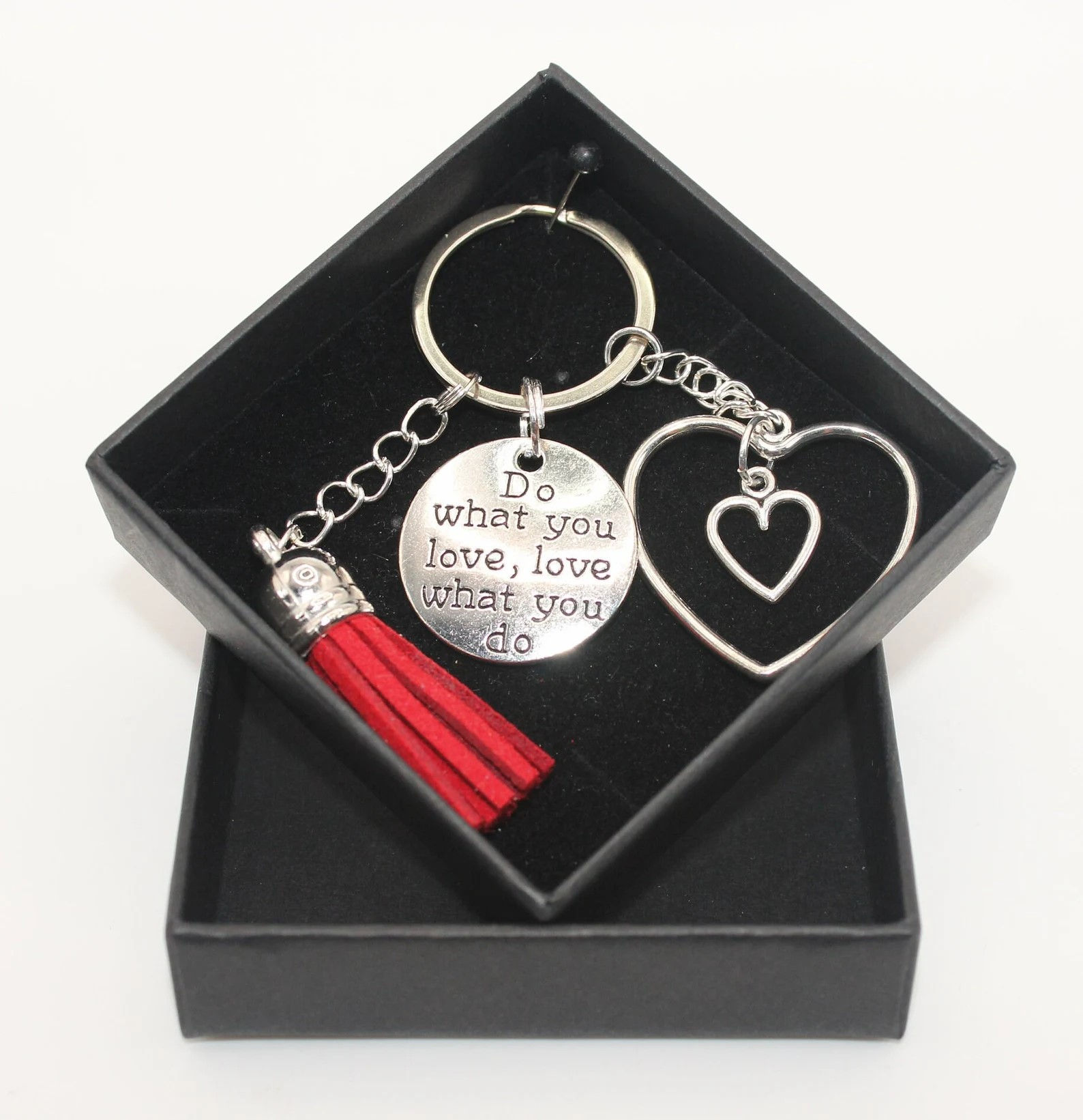 Do What You Love, Love What You Do with Hearts key ring - Deep Red