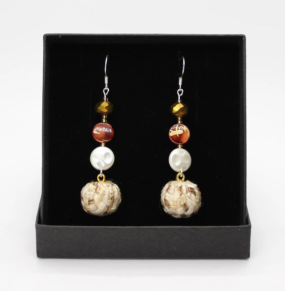Thumbnail: Beige Cream - Boho Woven fabric multi-beaded earrings
