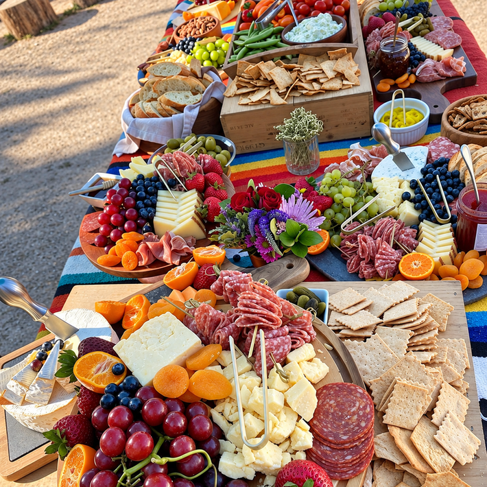 Charcuterie spread with cheeses, meats, fruits, and crackers.