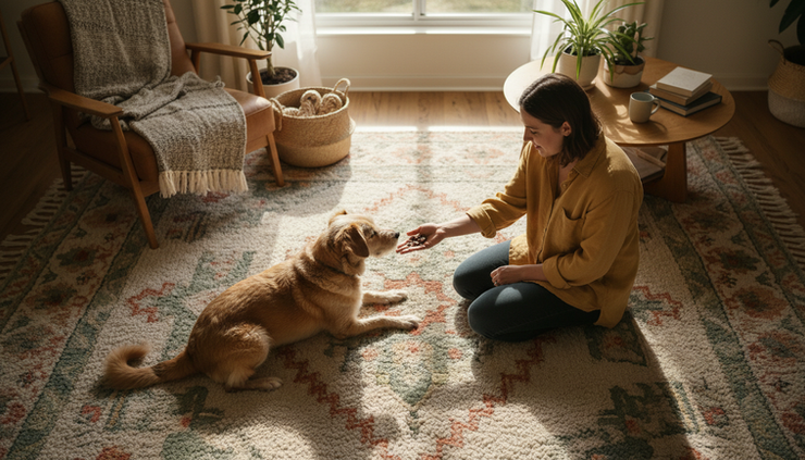 Overhead view of a carer offering treats to a rescue dog during calm training