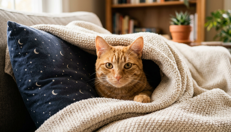 Close-up of a ginger cat watching from a cosy blanket fort