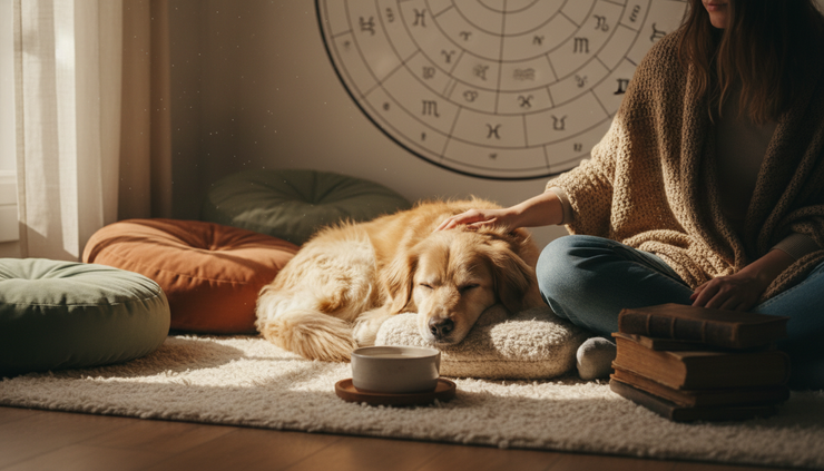 Eye-level view of a rescue dog resting beside a person on a soft rug.