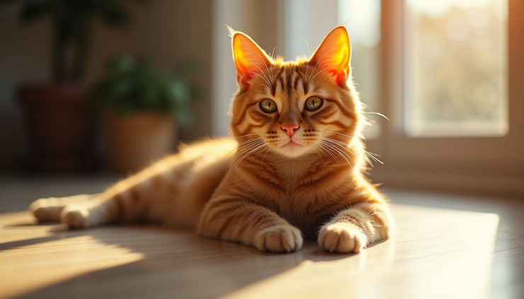 Close-up eye-level view of a majestic orange tabby cat lounging in sunlight