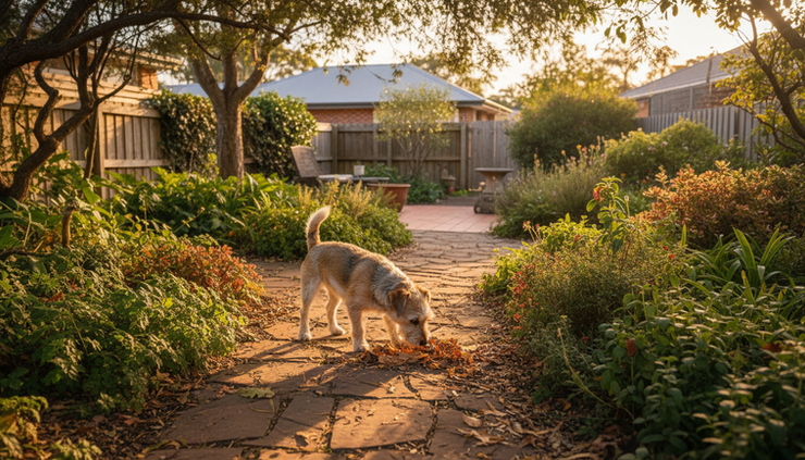 Wide-angle view of a small dog sniffing along a garden path