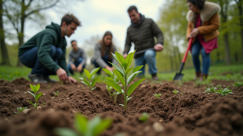 Eye-level view of a group of volunteers planting trees in a community garden