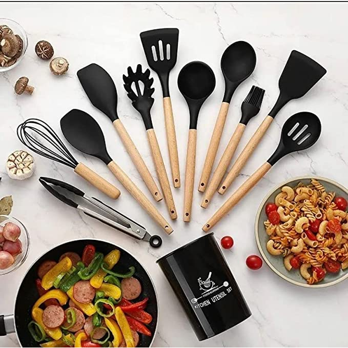 Miniatura: Kit Utensílios Silicone Madeira para Cozinha Premium 12 Peças