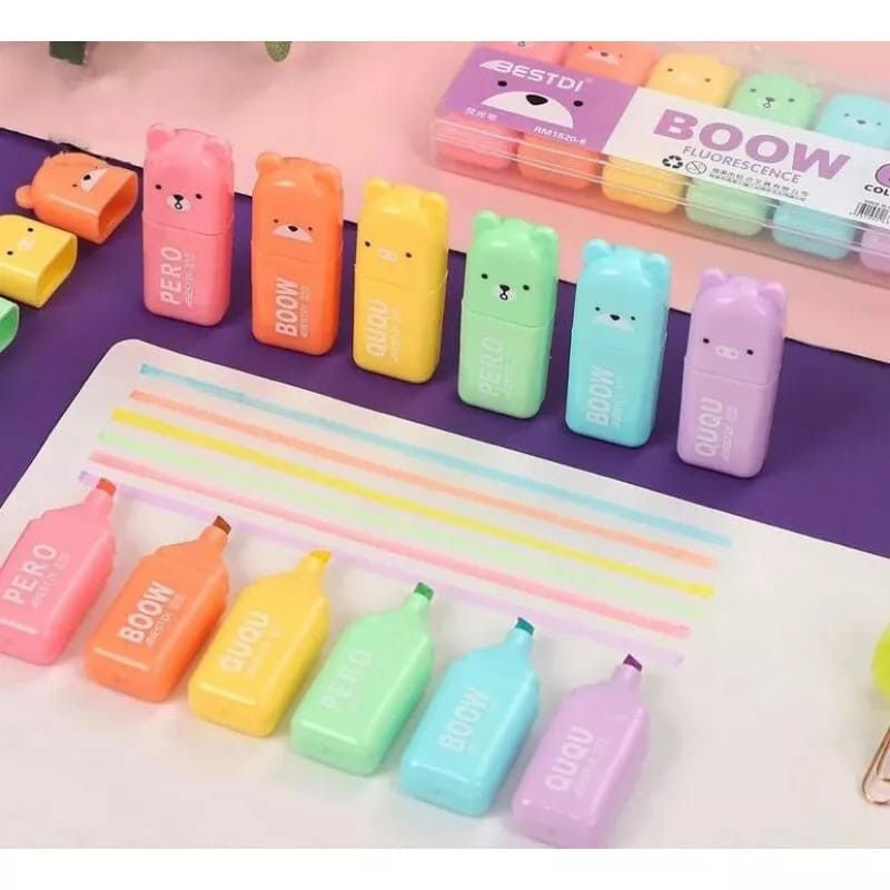 Kit Marca Texto Ursinho C/ 6 Unidades BOOW KAWAII Papelaria Fofa