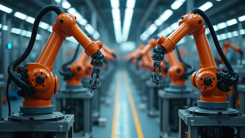 High angle view of automated assembly line with robotic arms in automotive factory