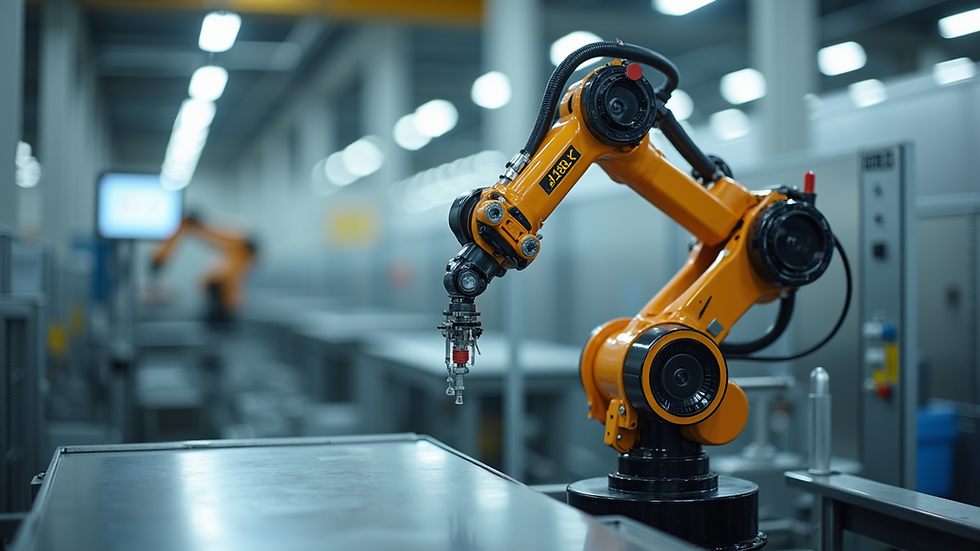 Eye-level view of compact robotic arm operating in a clean industrial environment