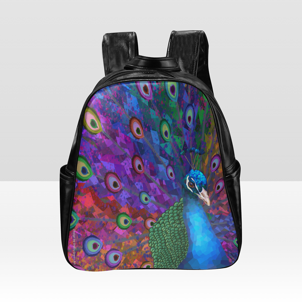 Thumbnail: A vegan leather backpack inspired by the painting of the colorful peacock.