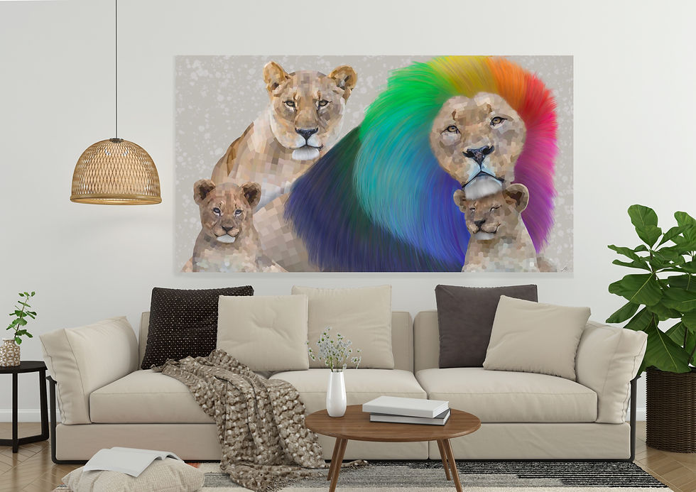 Thumbnail: A family of lions with a colorful mane