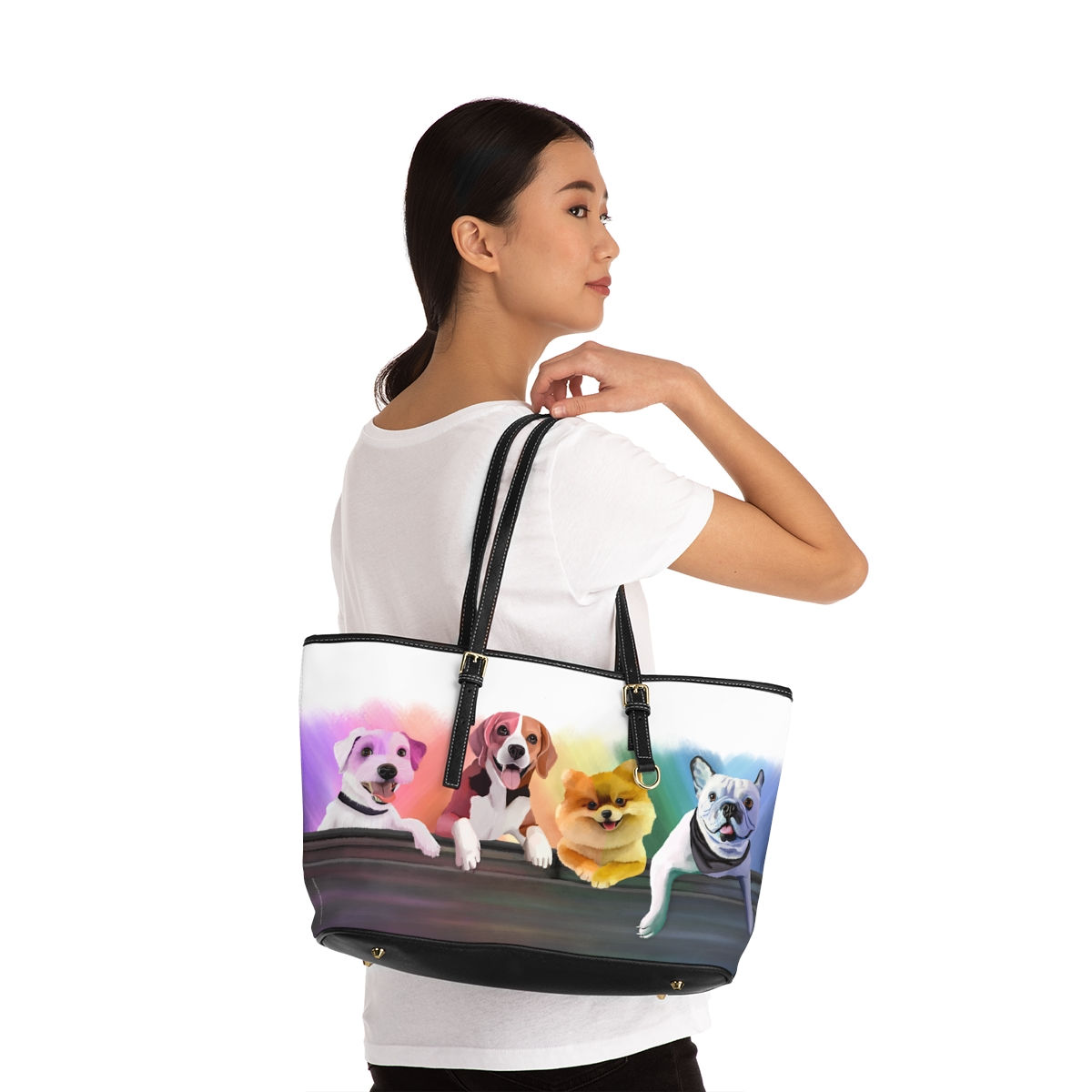 A handbag with an original design inspired by the drawing of the puppy family