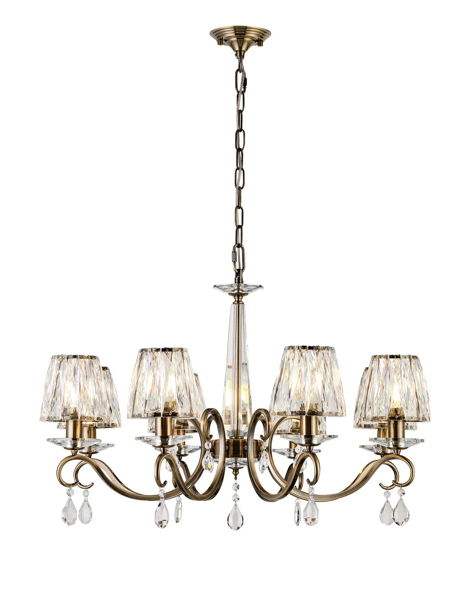 Grace 8 Light Antique Brass / Crystal shades Multi-Arm Pendant Light