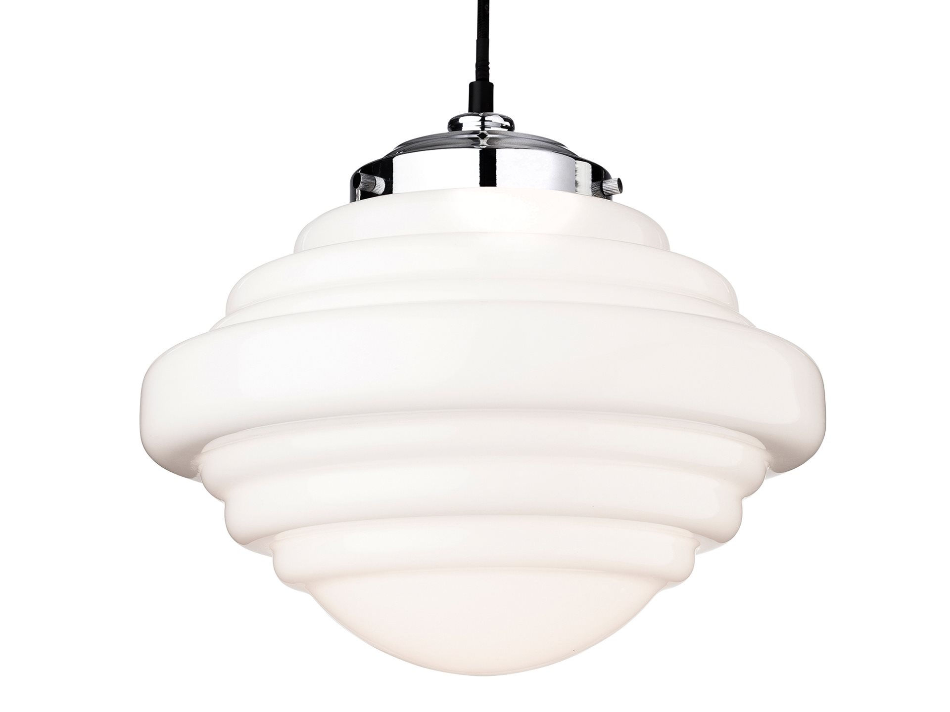 Art Deco 1 Light Polished Chrome & White Glass Single Pendant Light