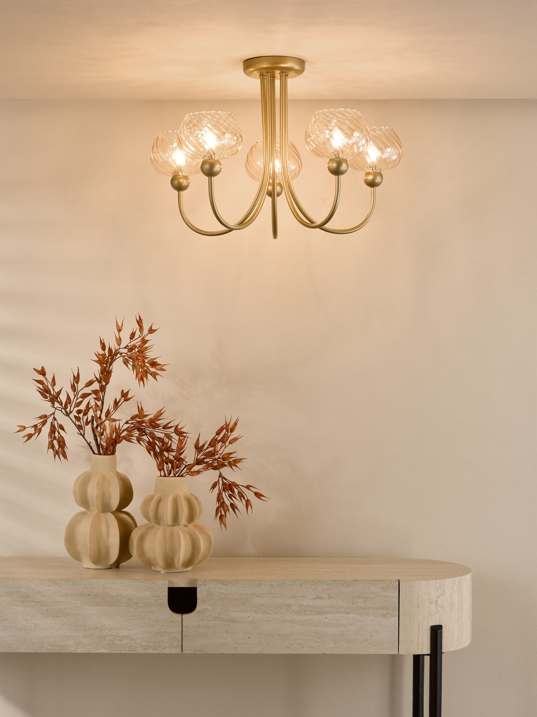 Whiskey 5 Light Satin Gold Semi-Flush Multi-Arm Ceiling Light