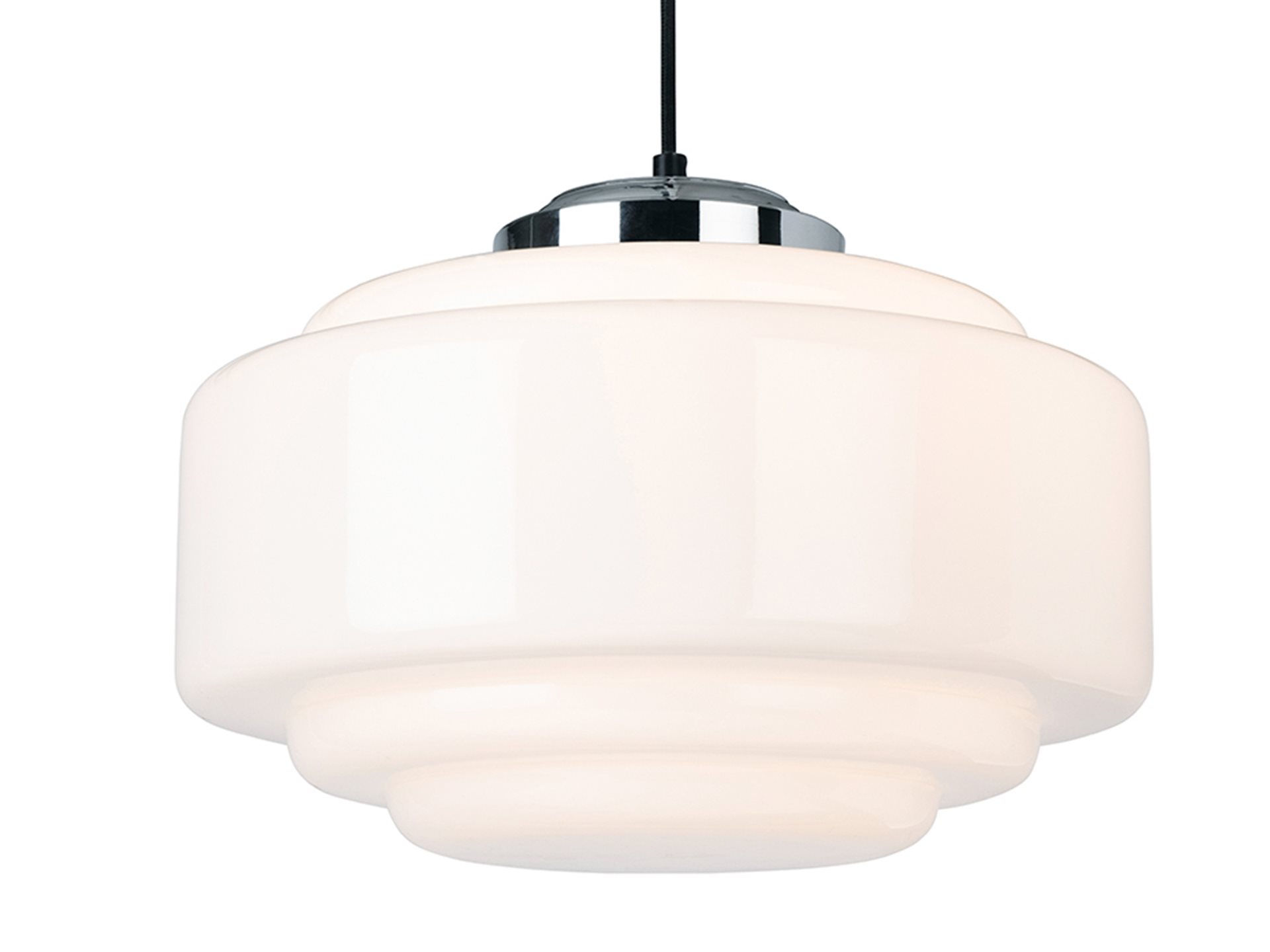 Art Deco 1 Light Polished Chrome & White Glass Single Pendant Light