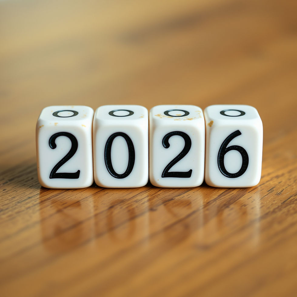 four dice sitting on a wooden table with the numbers 2 0 2 6 facing the viewer