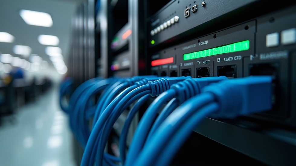 Eye-level view of a modern office server rack with network cables