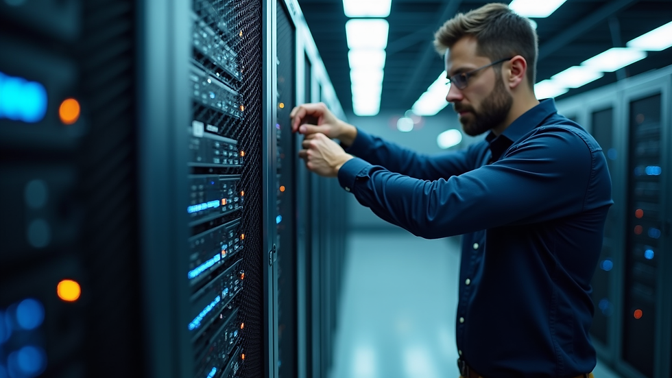 Close-up view of a technician configuring a cloud server in a data center