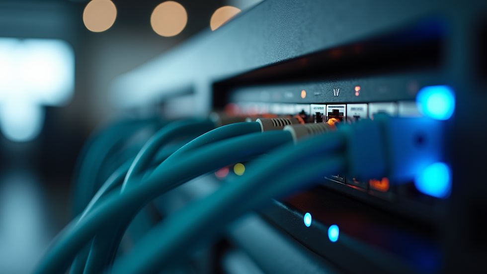 Close-up view of a network switch with connected cables in a Toronto office