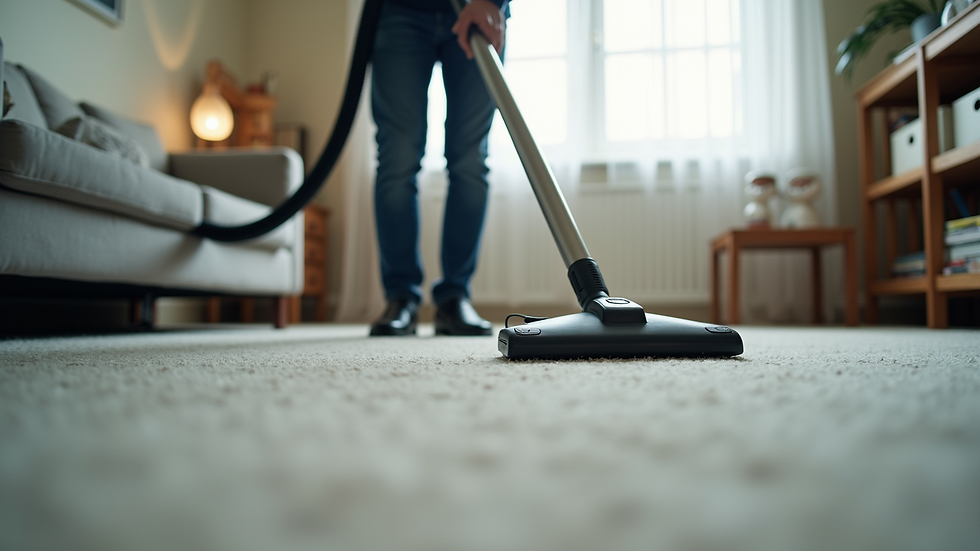 High angle view of a professional cleaner vacuuming a carpet
