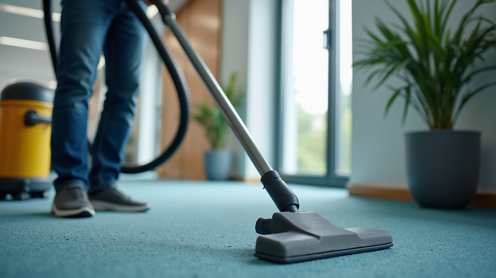 High angle view of a professional cleaner vacuuming an office carpet