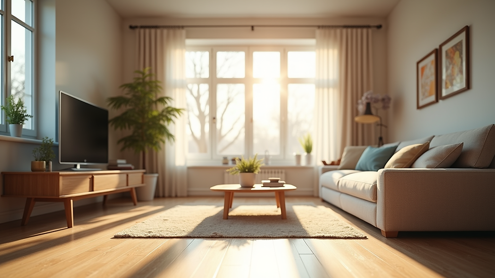 Eye-level view of a clean and tidy living room with sunlight streaming through the window