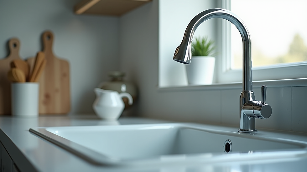 Close-up view of a clean kitchen sink and shiny faucet